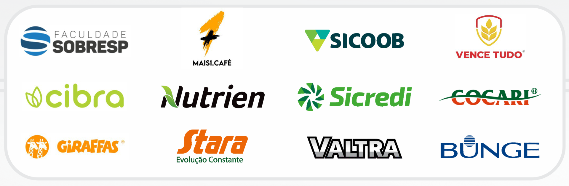 Empresas atendidas pela Kallout: Faculdade Sobresp, Mais1.Café, Sicoob, Vence Tudo, Cibra, Nutrien, Sicredi, Cocari, Giraffas, Stara, Valtra, Bunge